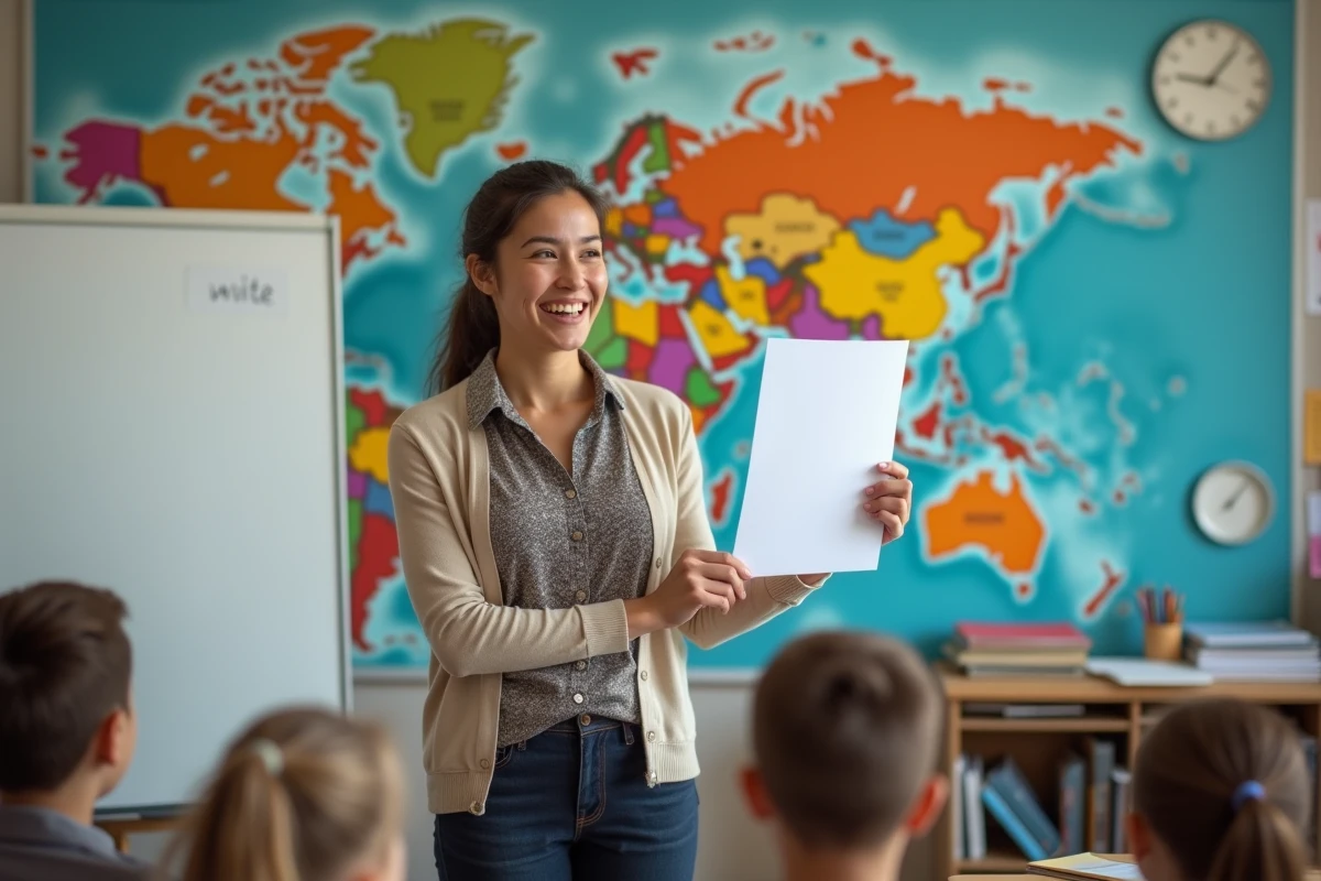 Enseignante joyeuse montrant la réponse à une énigme en classe