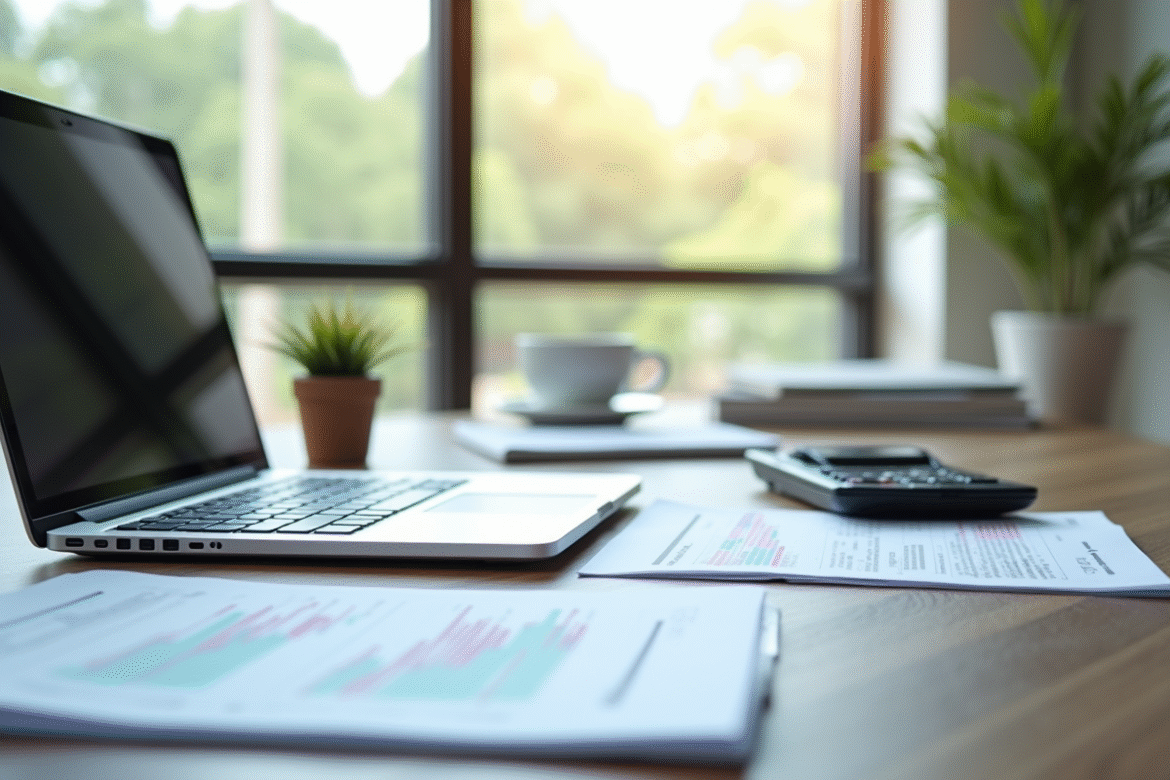 Espace de travail moderne avec ordinateur et documents fiscaux