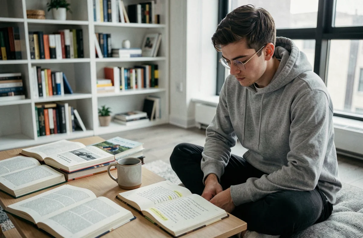 Étudiant analysant des exemples littéraires paradigmatiques dans un appartement moderne avec livres et cahier de notes