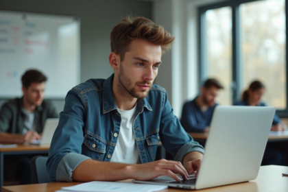 Étudiant en salle de classe avec ordinateur portable et notes