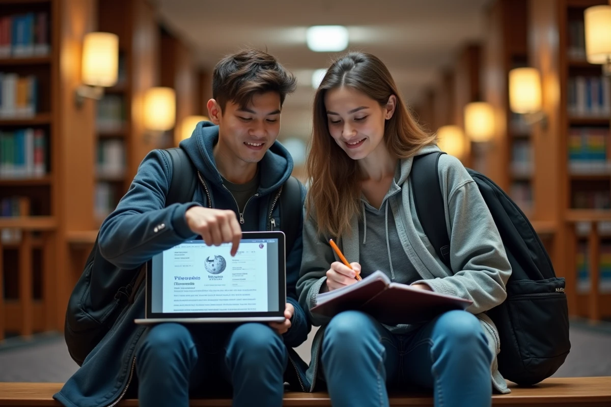 Deux étudiants collaborant sur une stratégie de jeu Pédantix avec un ordinateur portable et des notes dans une bibliothèque universitaire