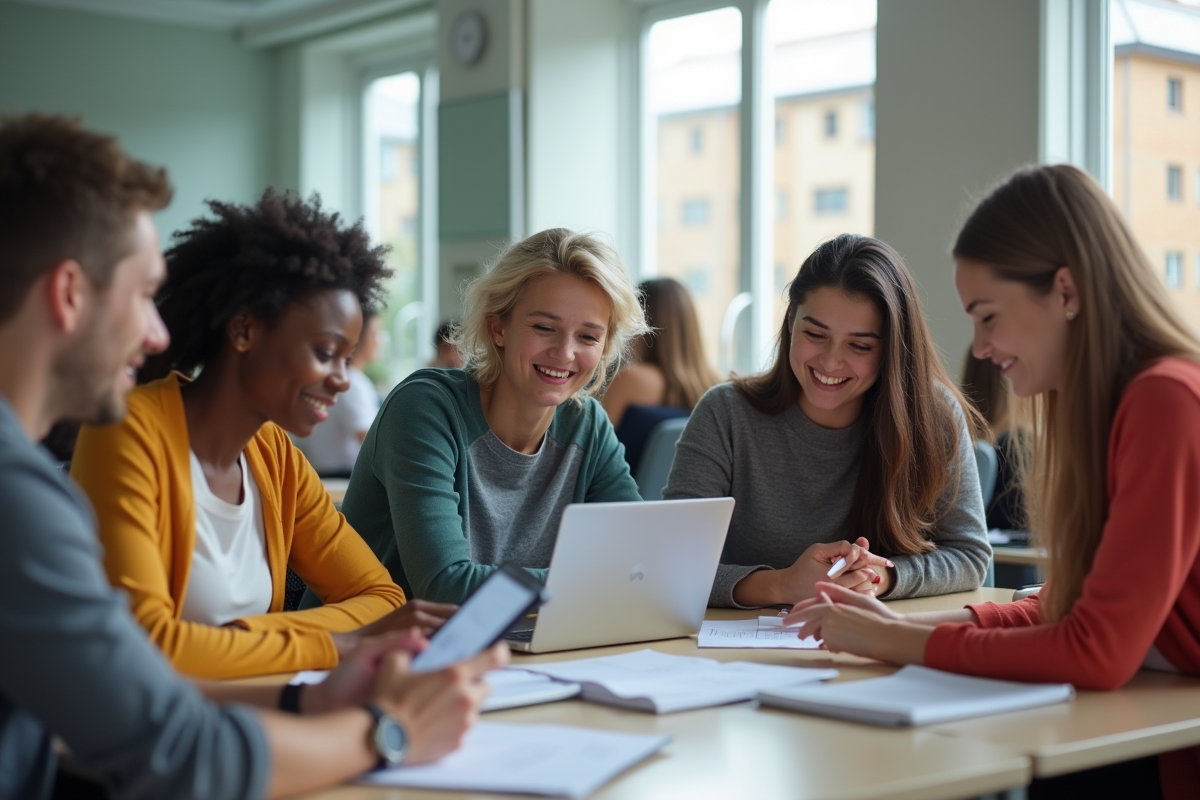 Groupe d etudiants en classe collaborative et lumineuse