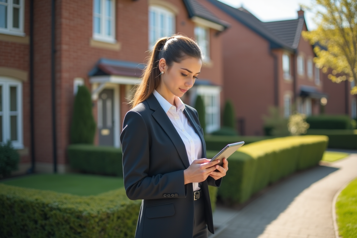 Experte en estimation immobiliere devant une maison