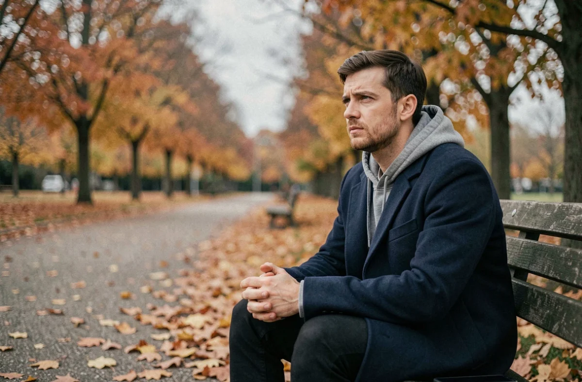 Homme pensif seul sur un banc de parc en automne tenant son téléphone, évoquant le sentiment du manque exprimé de manière indirecte