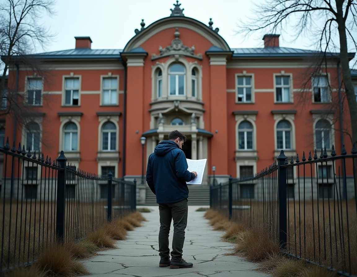 Façade imposante d'un hôpital psychiatrique abandonné avec un urbexer étudiant les lieux de manière éthique