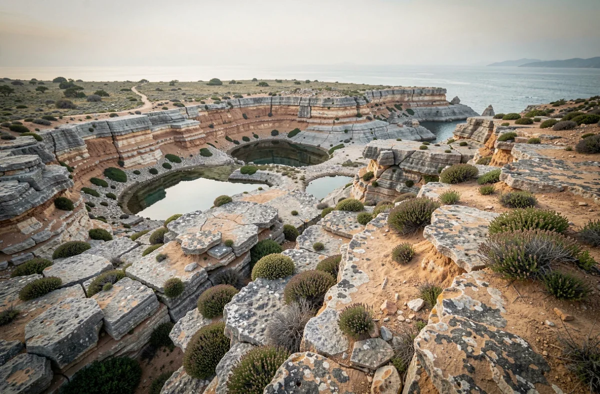 Falaise côtière grecque aux strates géologiques exposées évoquant la naissance primordiale du cosmos et le mythe de Gaïa dans la mythologie grecque