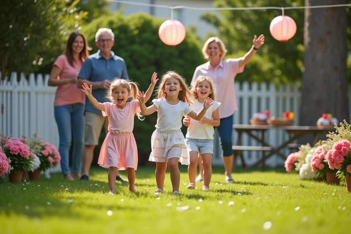 Famille jouant à des jeux en plein air dans le jardin