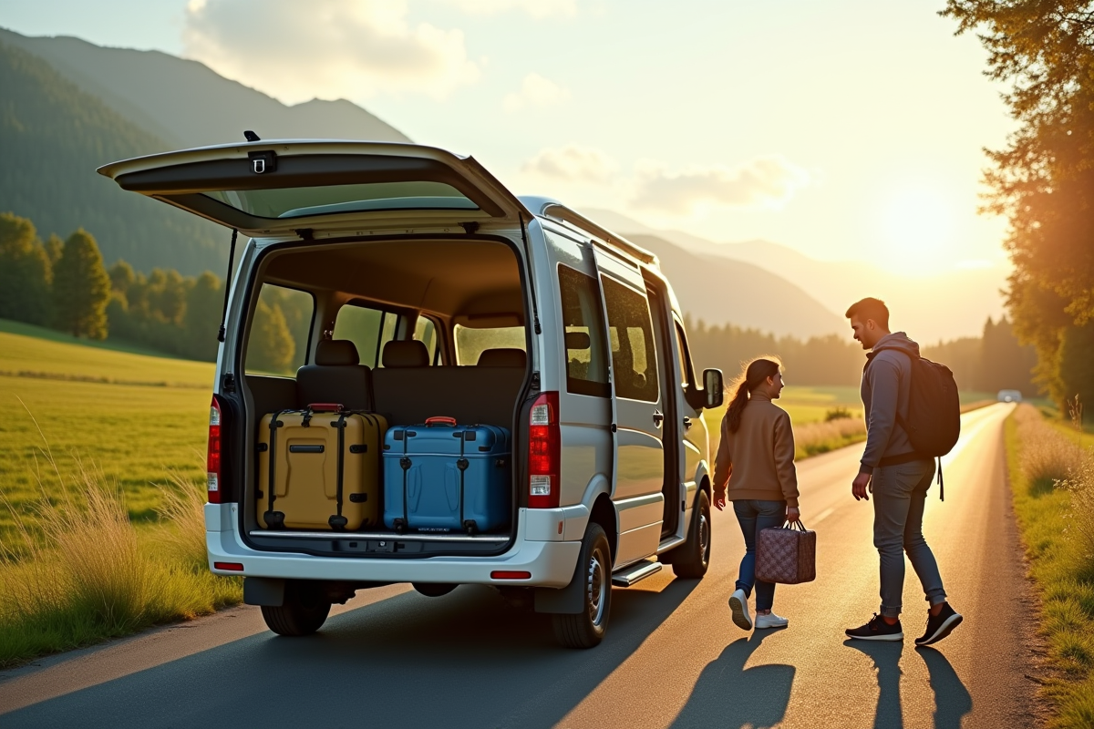 Famille chargeant bagages dans un minibus en campagne ensoleillee