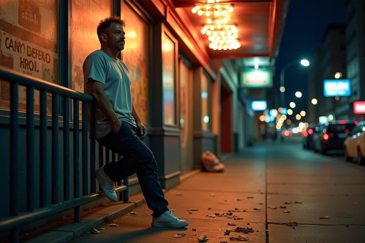Fan seul devant un cinéma en ville la nuit