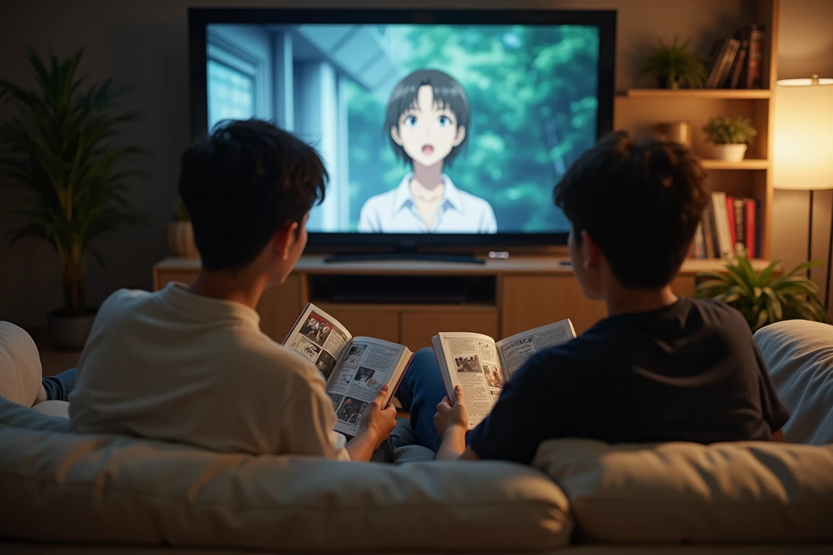 Deux fans d'anime et manga discutant des différences entre la version animée et le manga des Titans Primordiaux