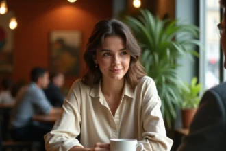 Femme qui baisse les yeux avec un sourire discret dans un café, signification du regard fuyant dans une interaction sociale