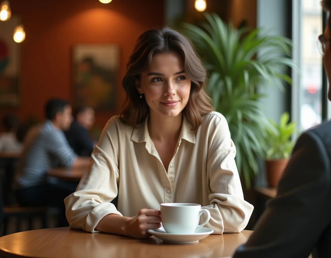 Femme qui baisse les yeux avec un sourire discret dans un café, signification du regard fuyant dans une interaction sociale