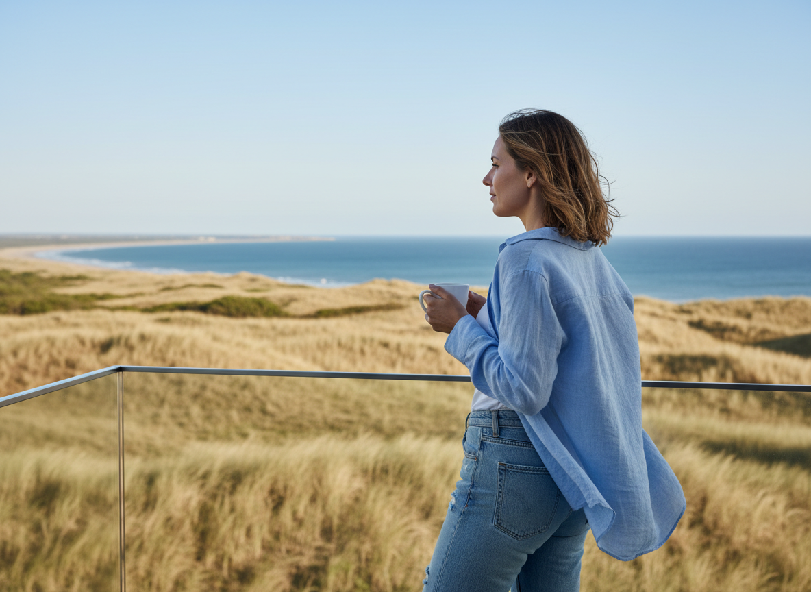 Jeune femme contemplant la mer depuis son balcon
