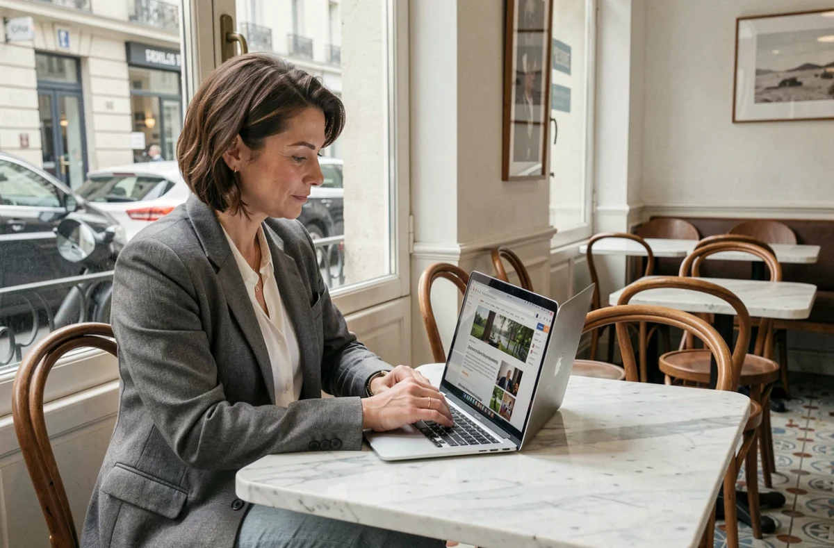 Femme parcourant un article de blog sur ordinateur dans un café parisien au style vintage