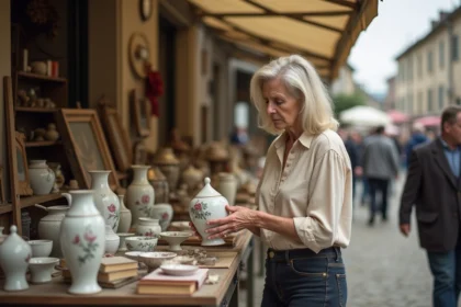 Femme examinant une pièce en porcelaine ancienne sur un stand de brocante en Moselle