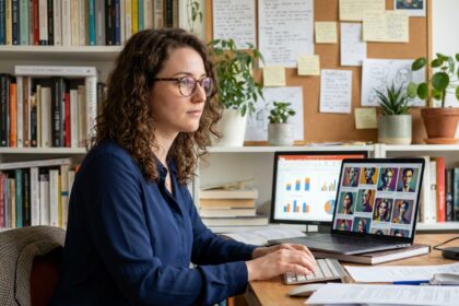 Jeune femme concentrée dans son bureau à domicile moderne