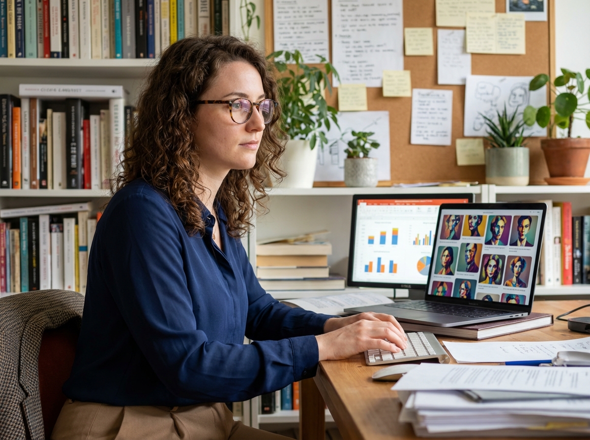 Jeune femme concentrée dans son bureau à domicile moderne