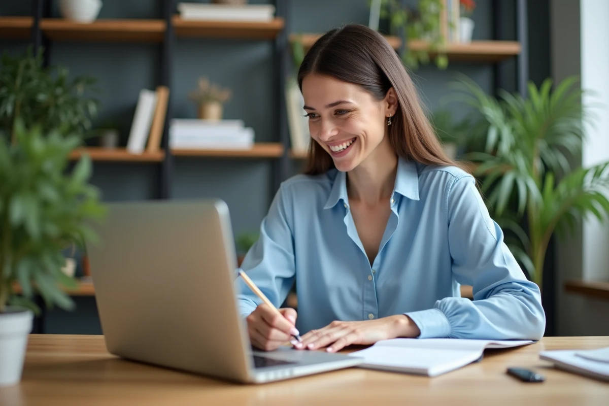 Femme souriante au bureau avec ordinateur et plantes