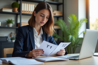 Jeune femme en bureau moderne compare des dossiers