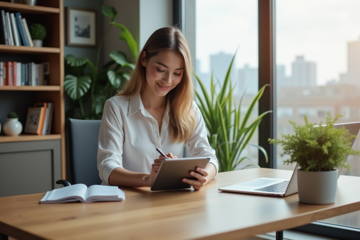 Jeune femme professionnelle utilisant une tablette dans un bureau lumineux