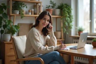 Femme dans un bureau cosy parlant au téléphone