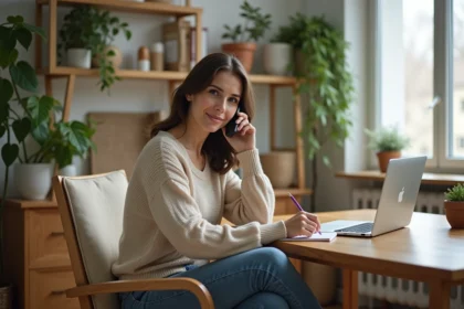 Femme dans un bureau cosy parlant au téléphone