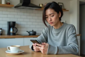 Femme consultant un agrégateur d'actualités sur smartphone dans une cuisine moderne en 2026