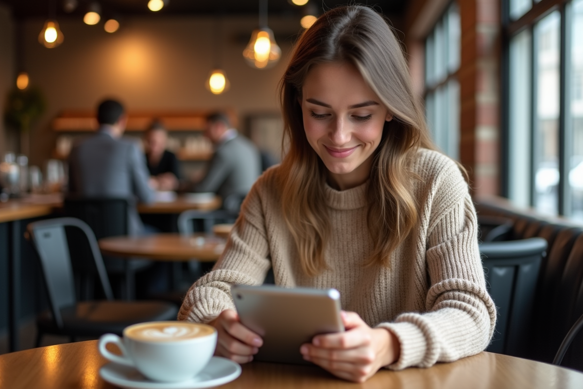 Femme vérifiant son application crypto dans un café urbain