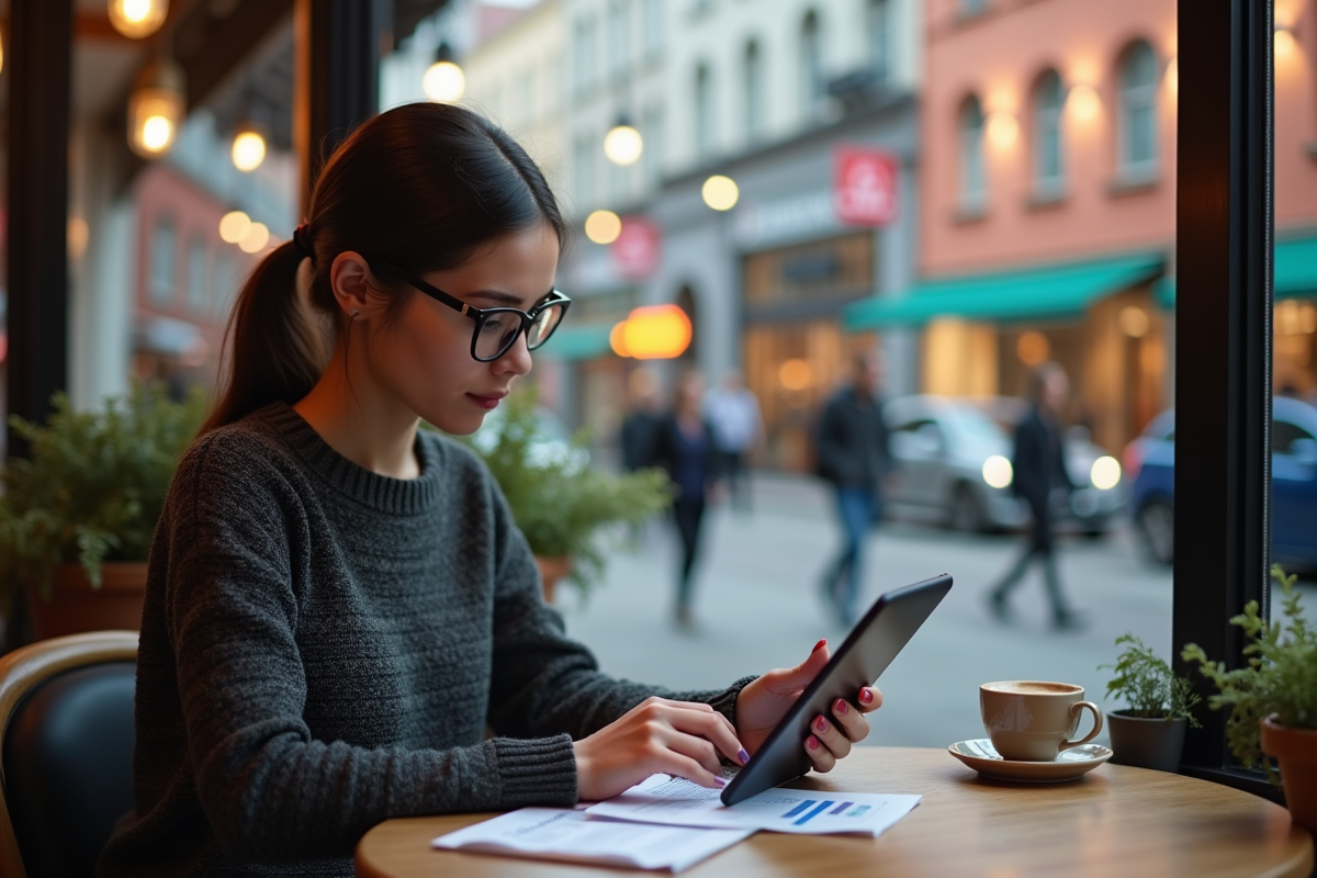 Jeune femme avec tablette et documents financiers au café