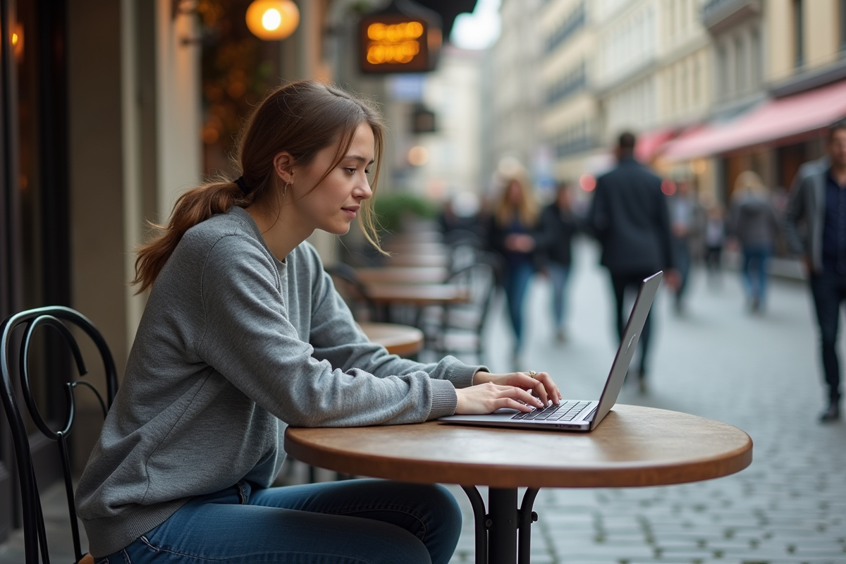Femme au café fermant une application VPN