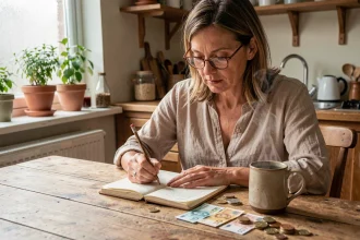 Femme d'une quarantaine d'années écrivant dans un carnet à une table en bois rustique avec des pièces de monnaie et des billets posés à côté d'une tasse, illustrant la frugalité et les désirs simples