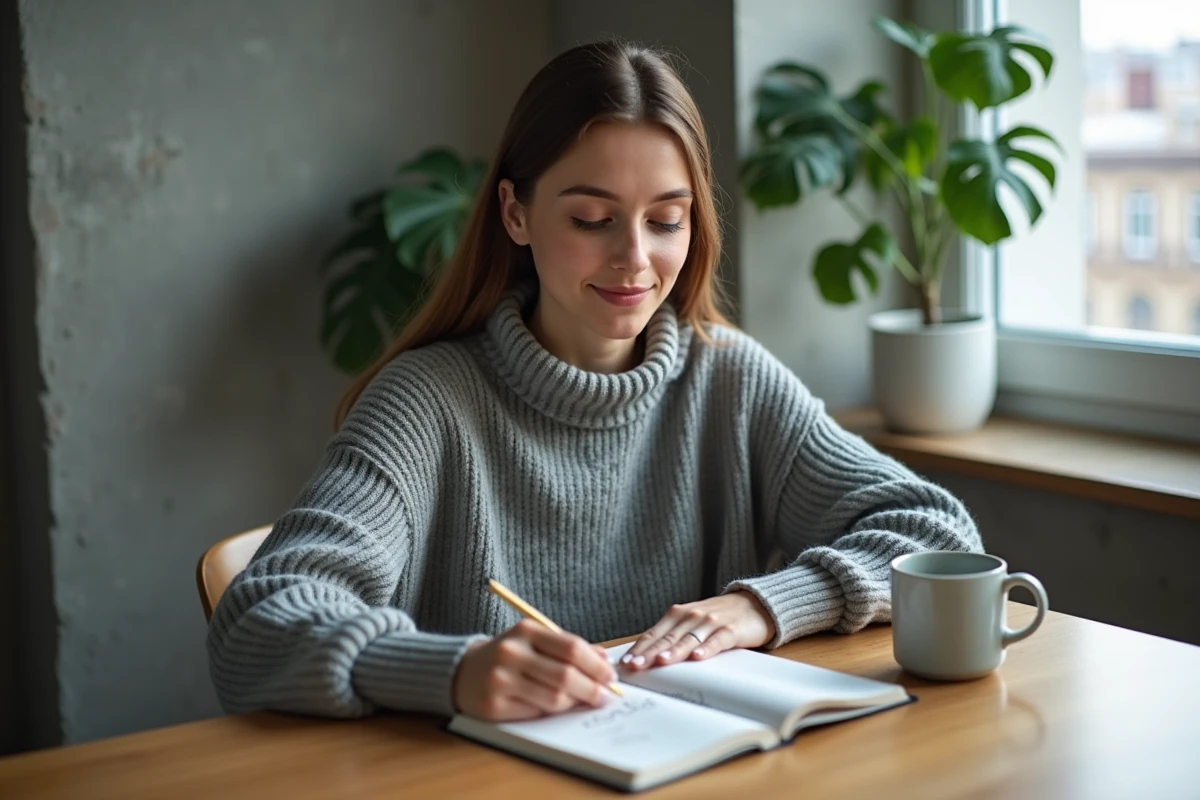 Jeune femme écrivant des mantras en sanskrit dans un carnet sur un bureau en bois dans un appartement moderne