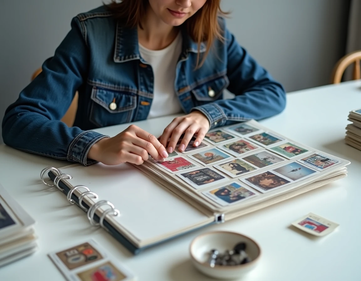 Femme classant des cartes téléphoniques dans des pochettes de protection transparentes avec un classeur ouvert sur une table blanche