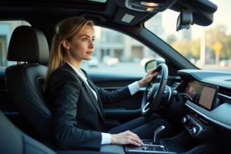 Femme d'affaires au volant d'une voiture moderne et spacieuse