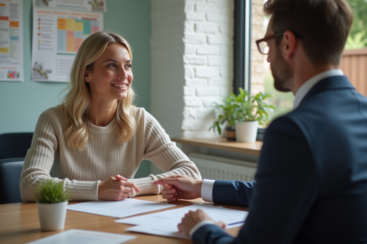 Femme discutant avec un conseiller financier dans un centre communautaire