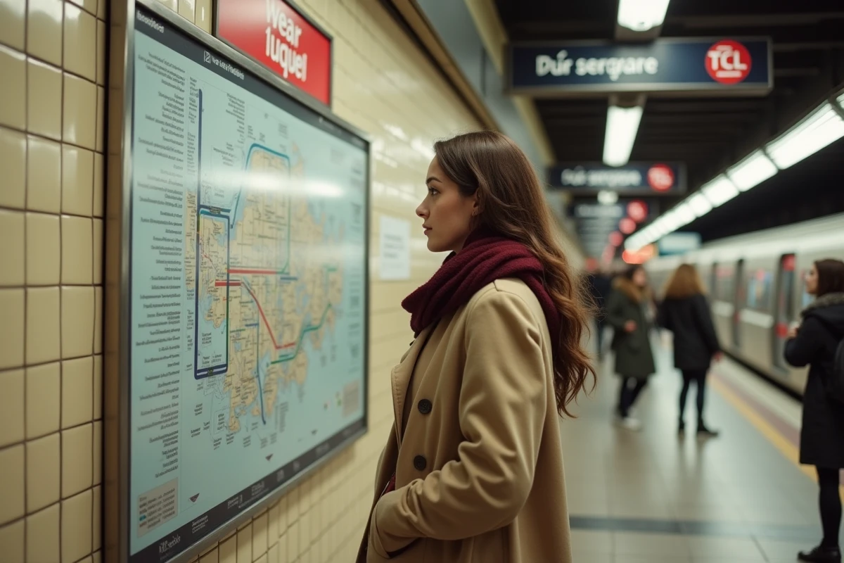 Jeune femme consultant le plan du métro de Lyon dans une station TCL avec carrelage caractéristique
