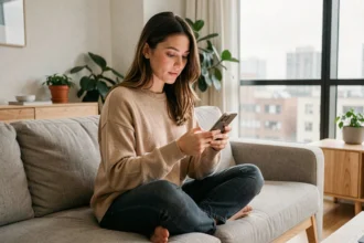 Jeune femme consultant des stories Instagram sur son smartphone dans un salon moderne