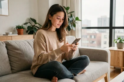 Jeune femme consultant des stories Instagram sur son smartphone dans un salon moderne
