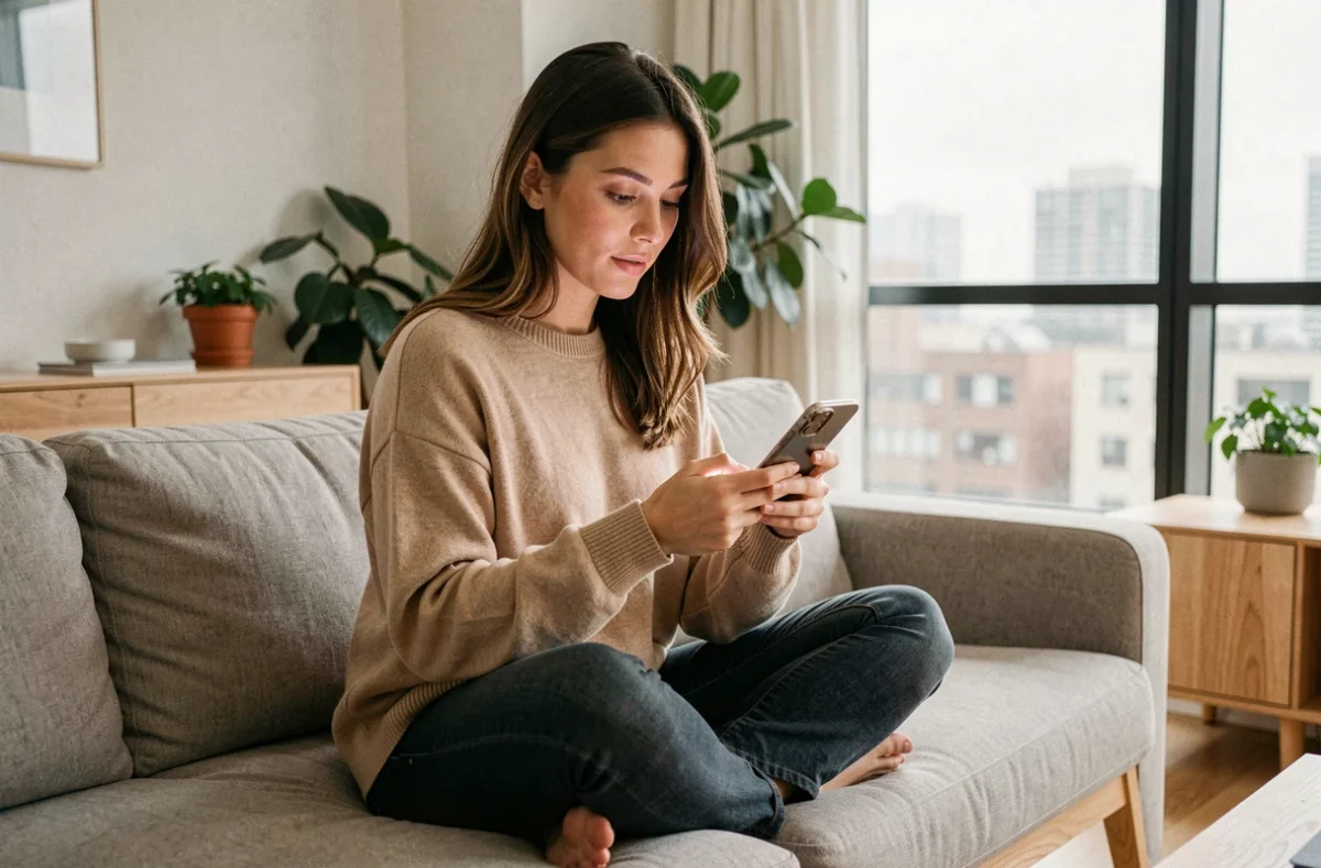 Jeune femme consultant des stories Instagram sur son smartphone dans un salon moderne