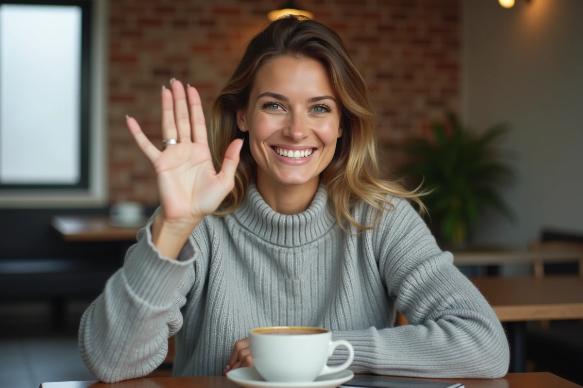 Femme croisant les doigts dans un café pour exprimer espoir et encouragement via un emoji