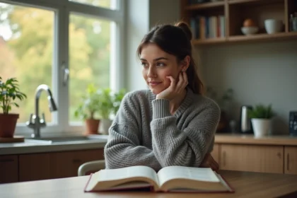 Femme en cuisine contemplant un journal dans un cadre lumineux