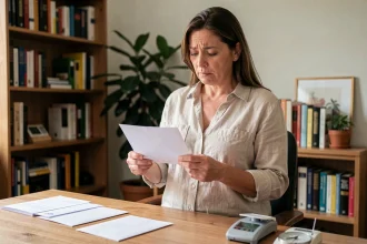 Femme examinant une enveloppe postale sur un bureau à domicile avant affranchissement