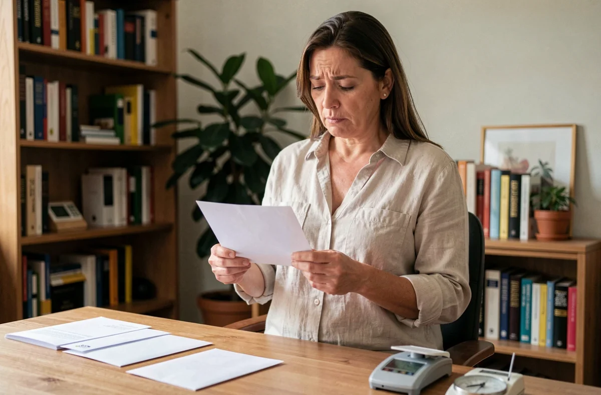 Femme examinant une enveloppe postale sur un bureau à domicile avant affranchissement