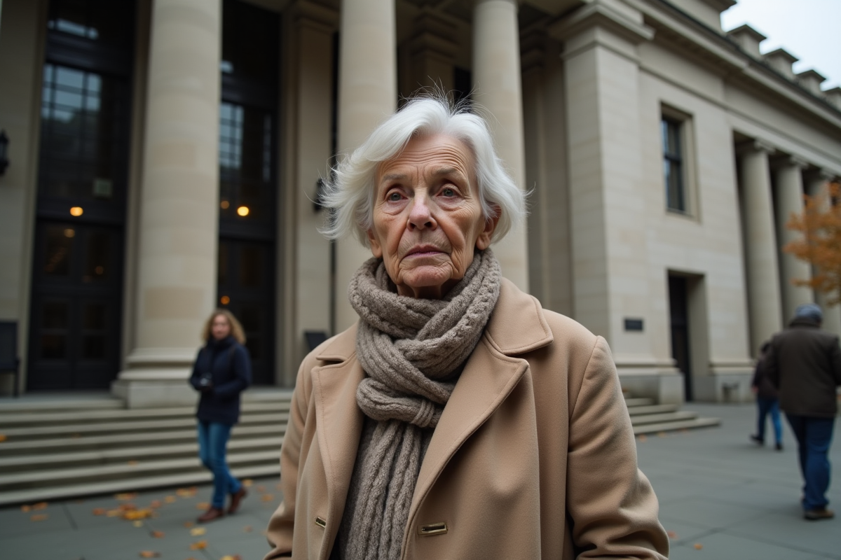 Femme âgée inquiète devant une grande banque
