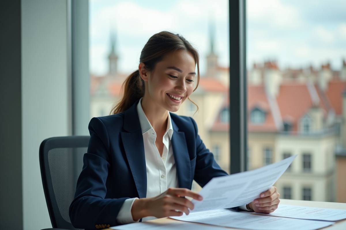 Femme professionnelle en bureau avec rapports financiers