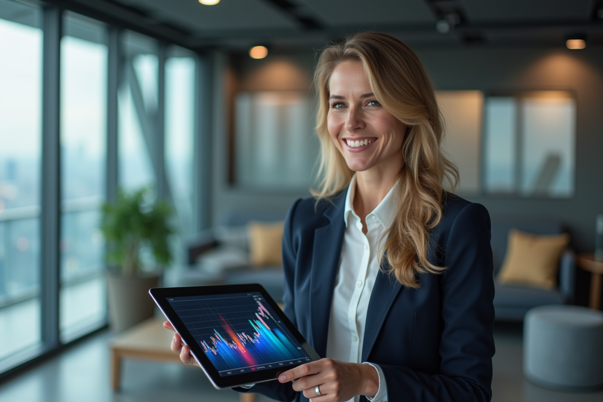Femme souriante avec une tablette financière moderne
