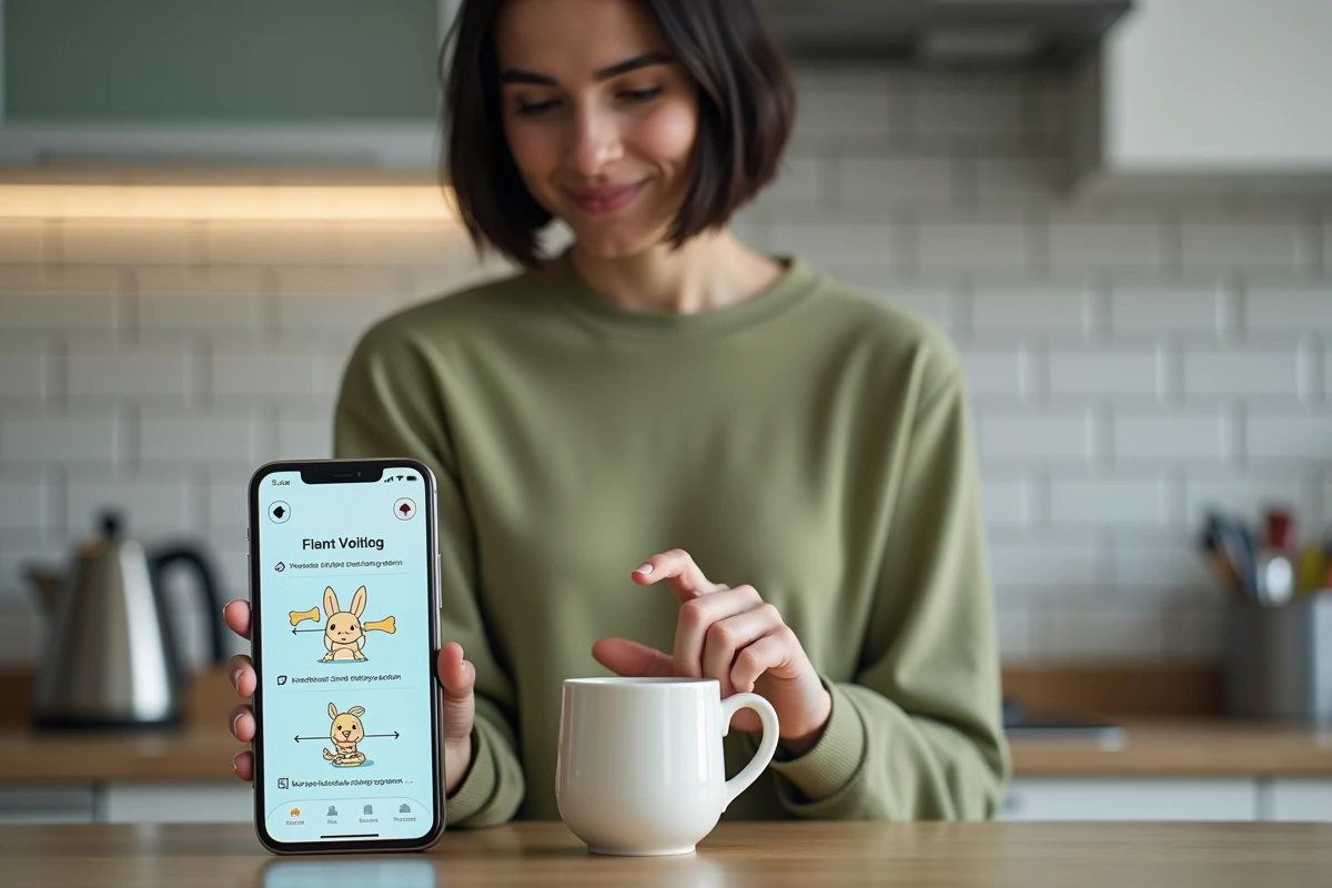 Jeune femme suivant le guide étape par étape de la solution Il y a un os de Wabbit sur son smartphone dans une cuisine moderne