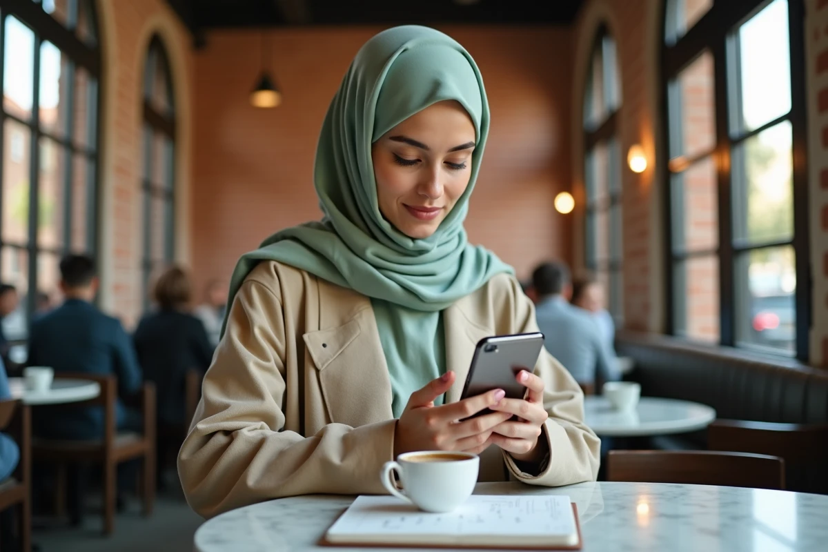 Jeune femme en hijab consultant les horaires de prière sur smartphone dans un café typique de Toulouse aux murs en briques roses