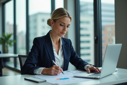 Femme confiante analysant des graphiques d'investissement
