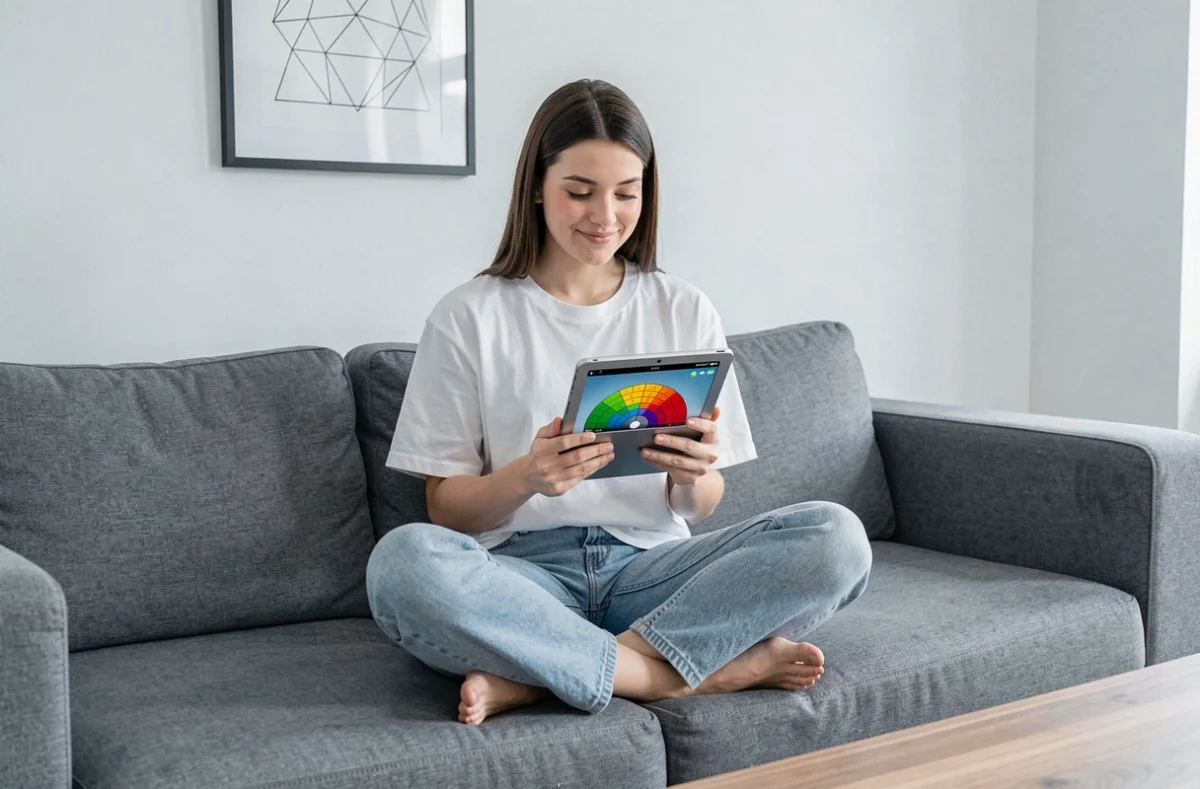Jeune femme découvrant le jeu du demi-cercle en ligne sur une tablette dans un salon moderne